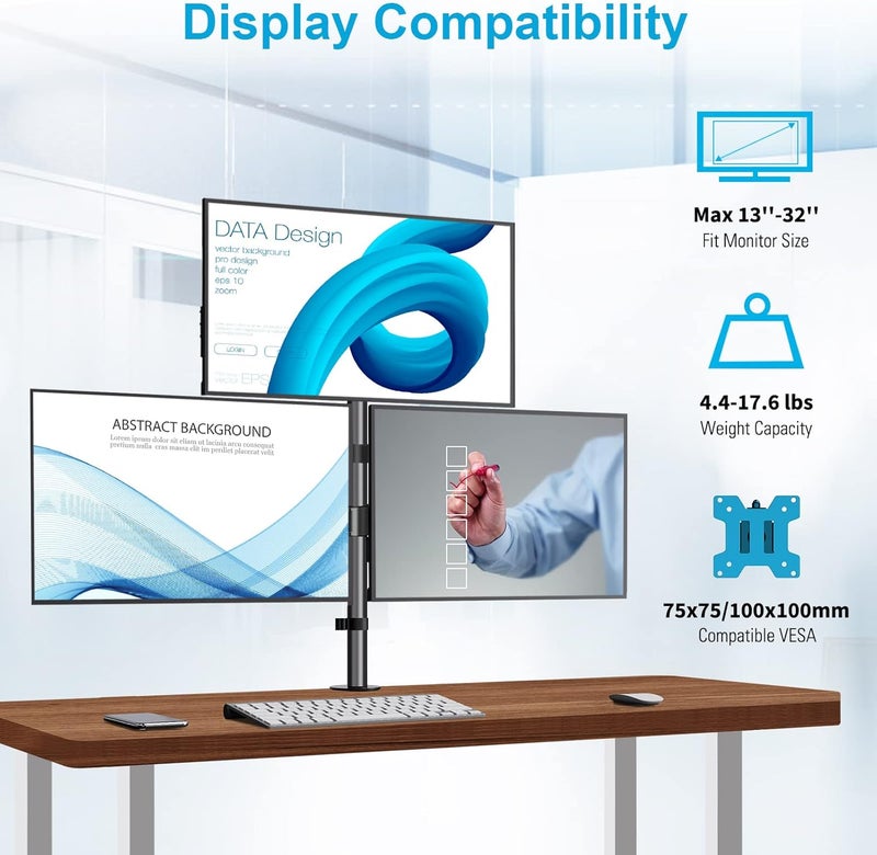 MOUNTUP Triple Monitor Stand, Height Adjustable Monitor Desk Mount Fit for 17 to 32 Inch Computer Screens, Stacked Monitors Arm for 3 Monitors, with C-Clamp and Grommet Base, up to 17.6lbs per Arm - Image 2